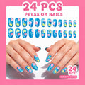 24pc Blue Duck Pool Press On Nails – Summer Water Ripple Fake Nails, Almond Glossy Cruise Jeep Duck Nails for Hands