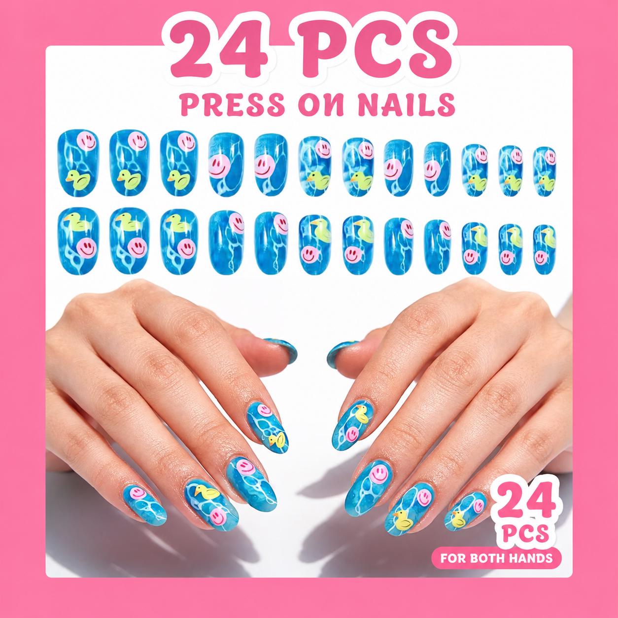 24pc Blue Duck Pool Press On Nails – Summer Water Ripple Fake Nails, Almond Glossy Cruise Jeep Duck Nails for Hands