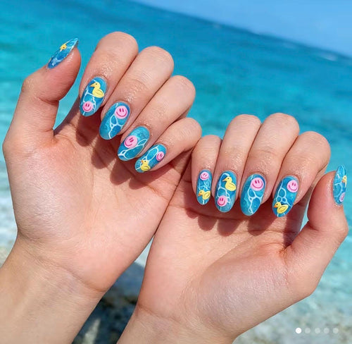 24pc Blue Duck Pool Press On Nails – Summer Water Ripple Fake Nails, Almond Glossy Cruise Jeep Duck Nails for Hands