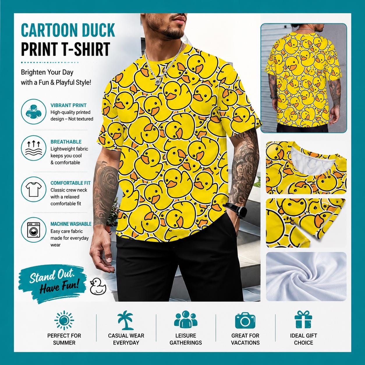 Men’s Cartoon Duck Print T-Shirt | Funny Yellow Rubber Duck Graphic Tee | Breathable Casual Crew Neck Shirt | Cruise Jeep Vacation Wear