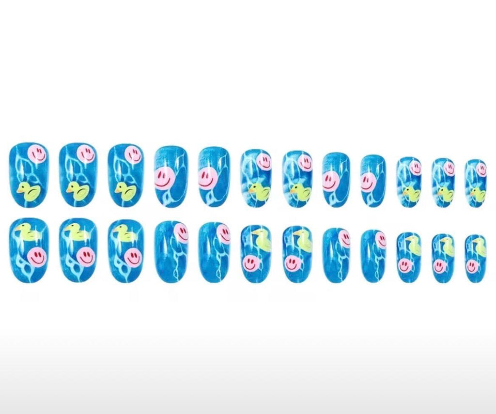 24pc Blue Duck Pool Press On Nails – Summer Water Ripple Fake Nails, Almond Glossy Cruise Jeep Duck Nails for Hands