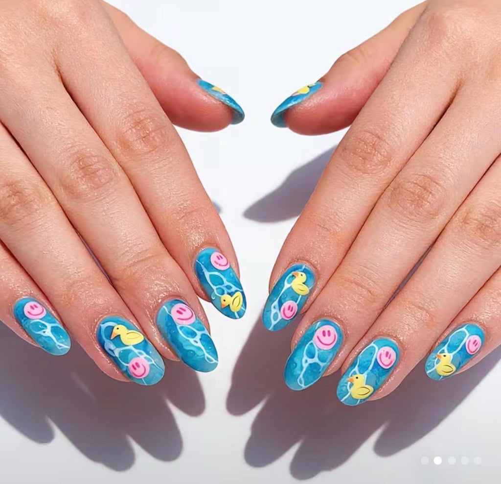 24pc Blue Duck Pool Press On Nails – Summer Water Ripple Fake Nails, Almond Glossy Cruise Jeep Duck Nails for Hands