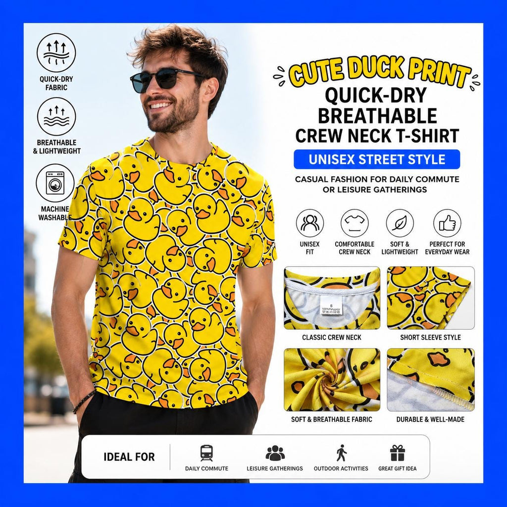 Cute Rubber Duck Print Quick-Dry T-Shirt | Unisex Yellow Duck Graphic Tee | Breathable Casual Streetwear Shirt | Cruise Jeep Outfit