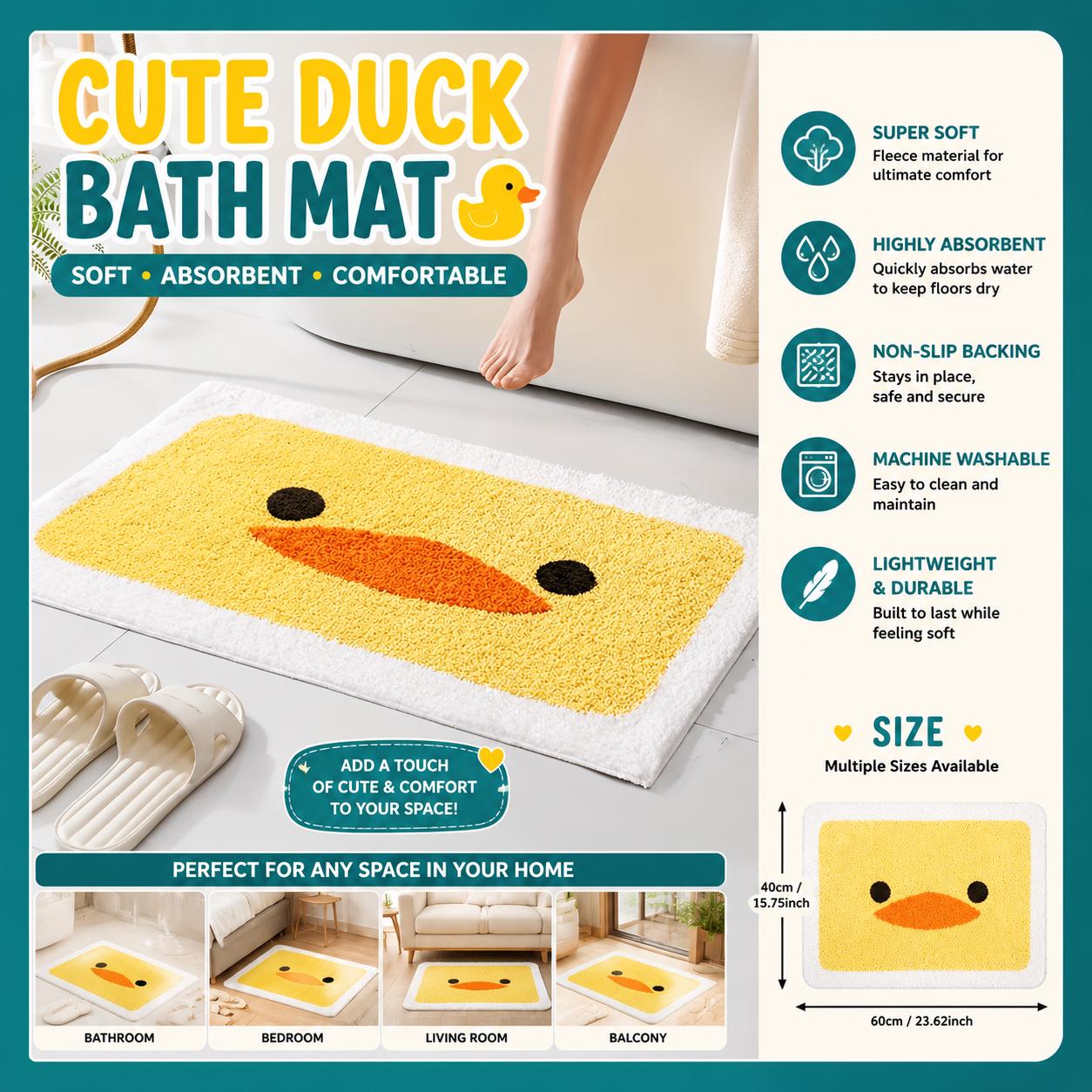 Cute Duck Bath Mat | Soft Plush Bathroom Rug | Yellow Duck Face Floor Mat | Non Slip Machine Washable Bathroom Decor