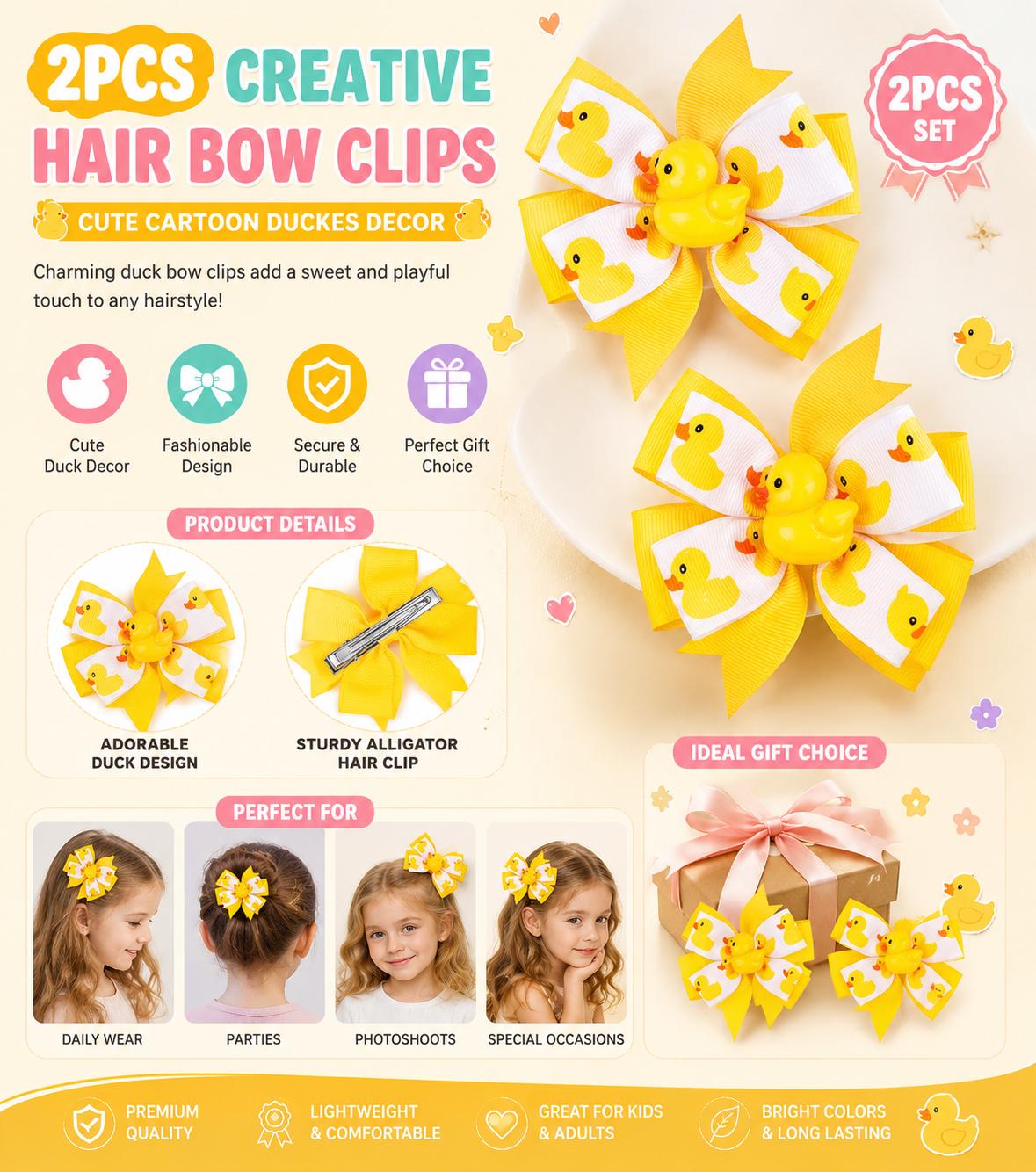 2pcs Yellow Cartoon Duck Hair Bow Clips, Grosgrain Ribbon Alligator Clips