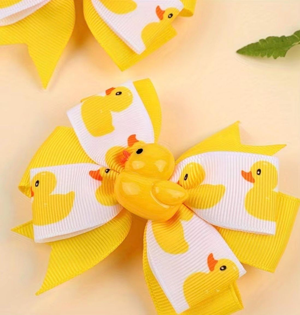 2pcs Yellow Cartoon Duck Hair Bow Clips, Grosgrain Ribbon Alligator Clips
