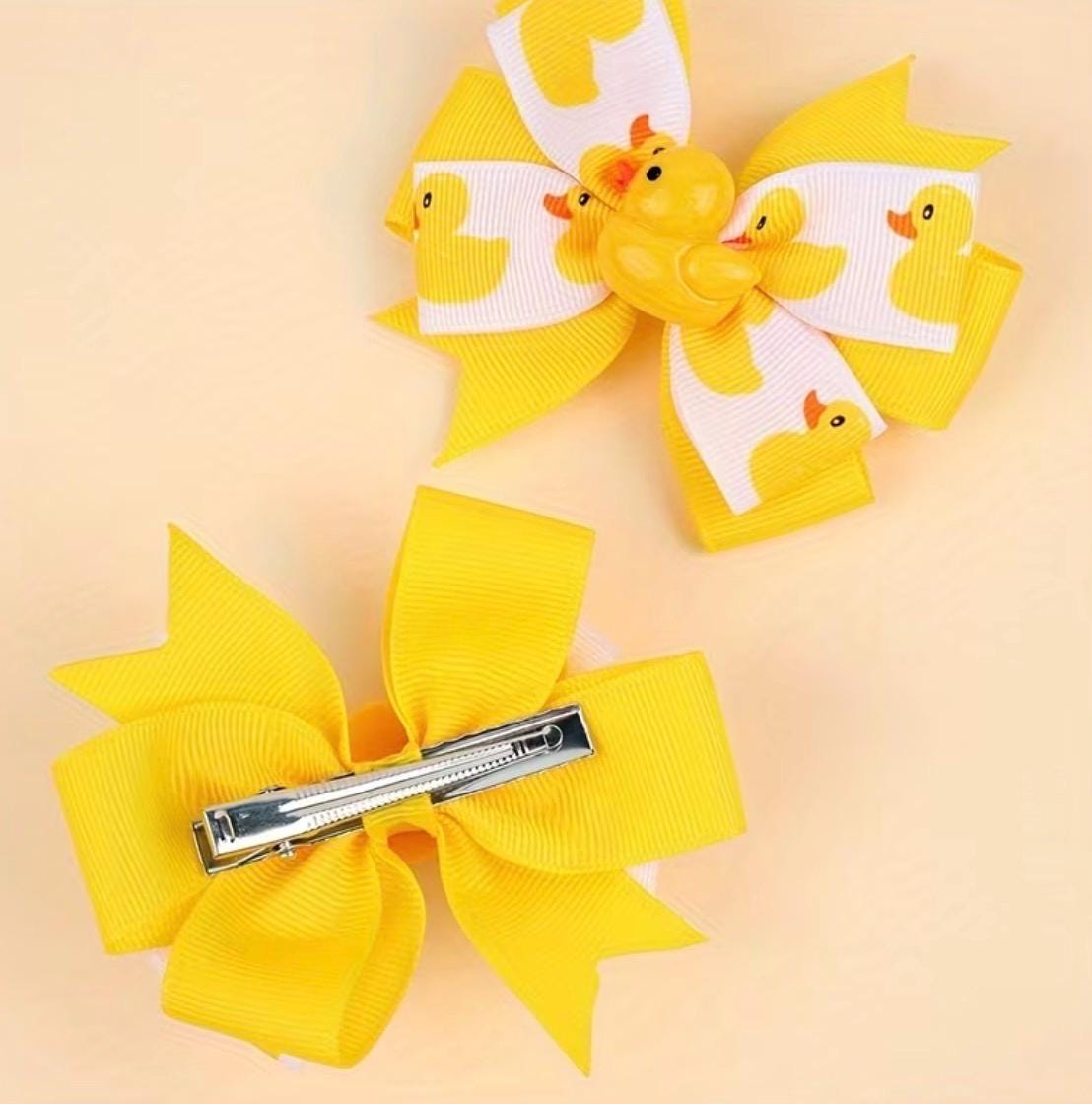 2pcs Yellow Cartoon Duck Hair Bow Clips, Grosgrain Ribbon Alligator Clips