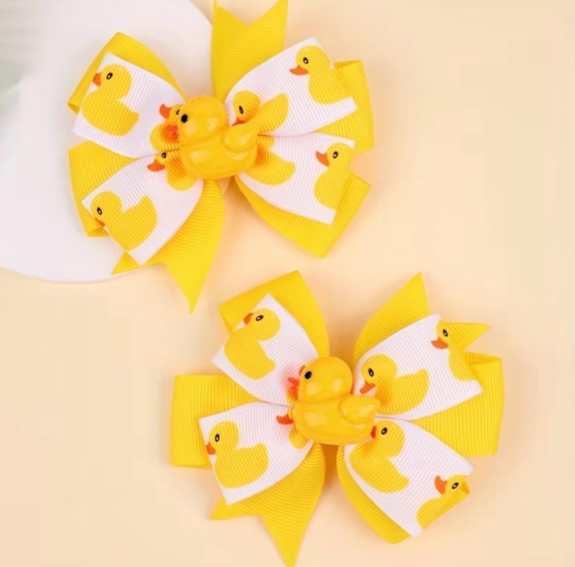 2pcs Yellow Cartoon Duck Hair Bow Clips, Grosgrain Ribbon Alligator Clips