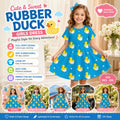 Girls Rubber Duck Print Dress – Blue Cartoon Twirl for Parties, Cruises, Jeep Events
