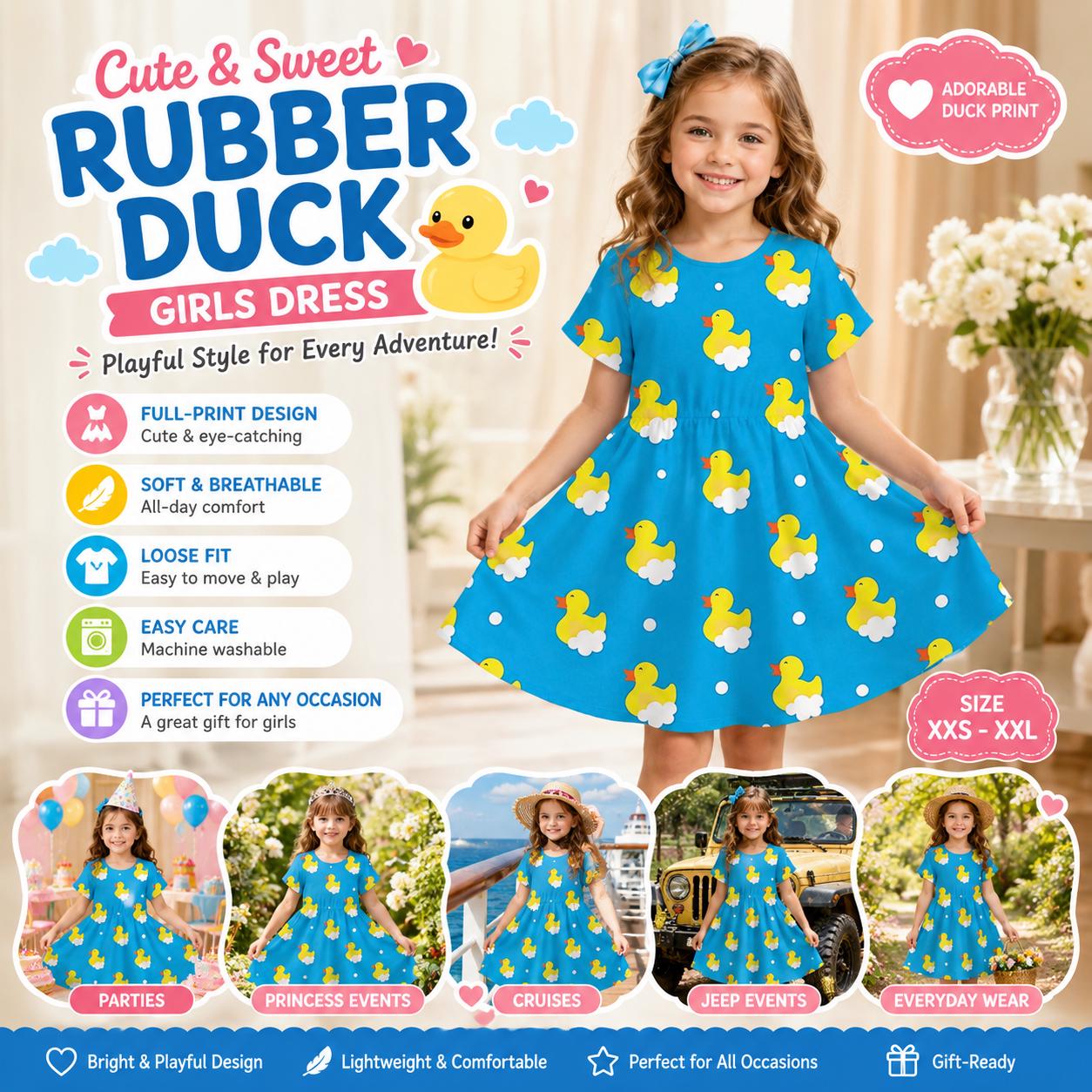 Girls Rubber Duck Print Dress – Blue Cartoon Twirl for Parties, Cruises, Jeep Events