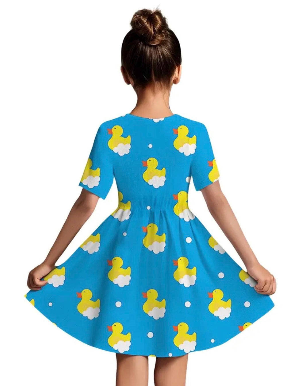 Girls Rubber Duck Print Dress – Blue Cartoon Twirl for Parties, Cruises, Jeep Events