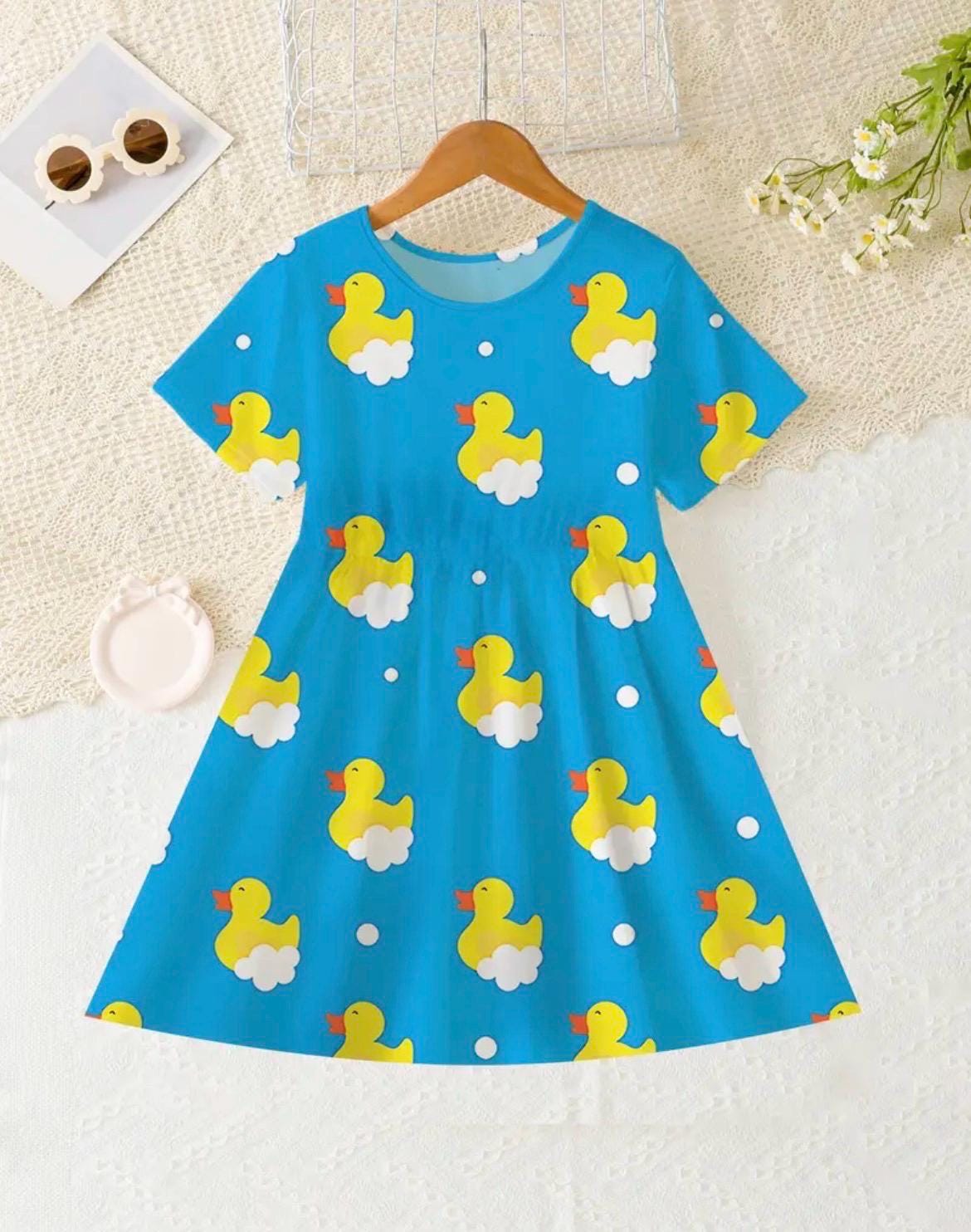 Girls Rubber Duck Print Dress – Blue Cartoon Twirl for Parties, Cruises, Jeep Events