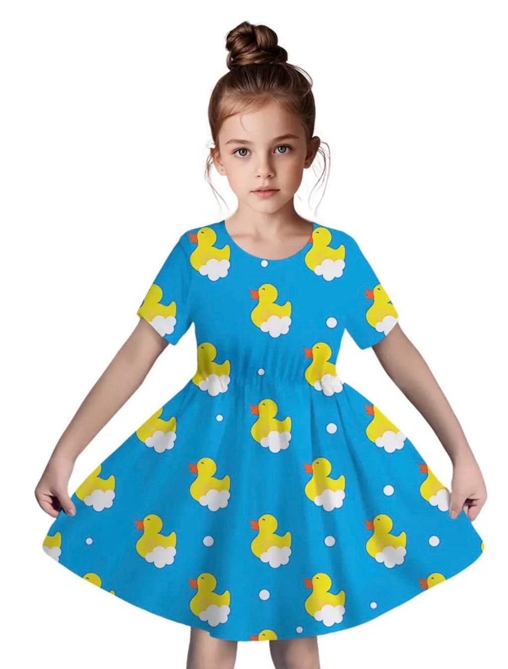 Girls Rubber Duck Print Dress – Blue Cartoon Twirl for Parties, Cruises, Jeep Events
