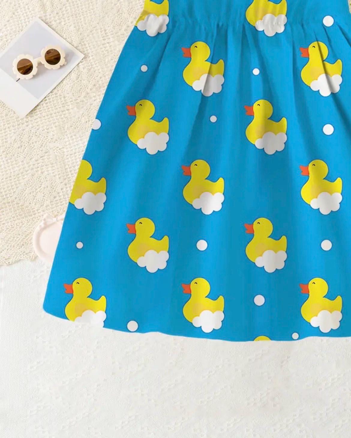 Girls Rubber Duck Print Dress – Blue Cartoon Twirl for Parties, Cruises, Jeep Events