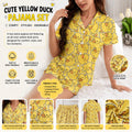 Yellow Duck Print Pajama Set, Women's Short Sleeve Button-Up Sleepwear