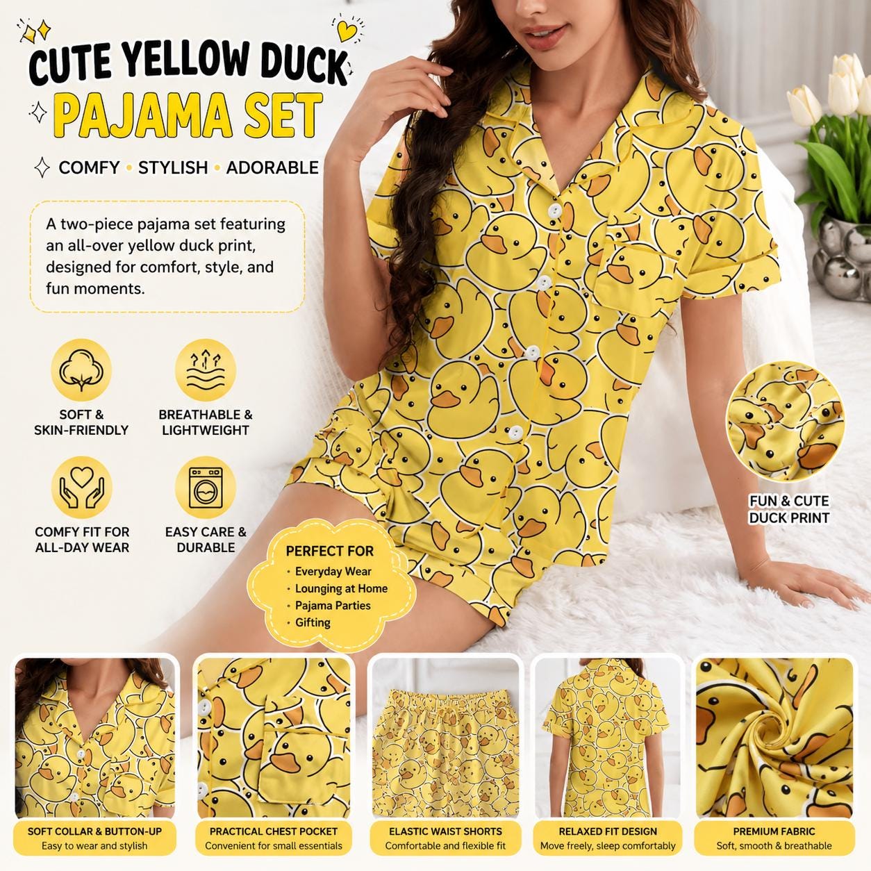 Yellow Duck Print Pajama Set, Women's Short Sleeve Button-Up Sleepwear