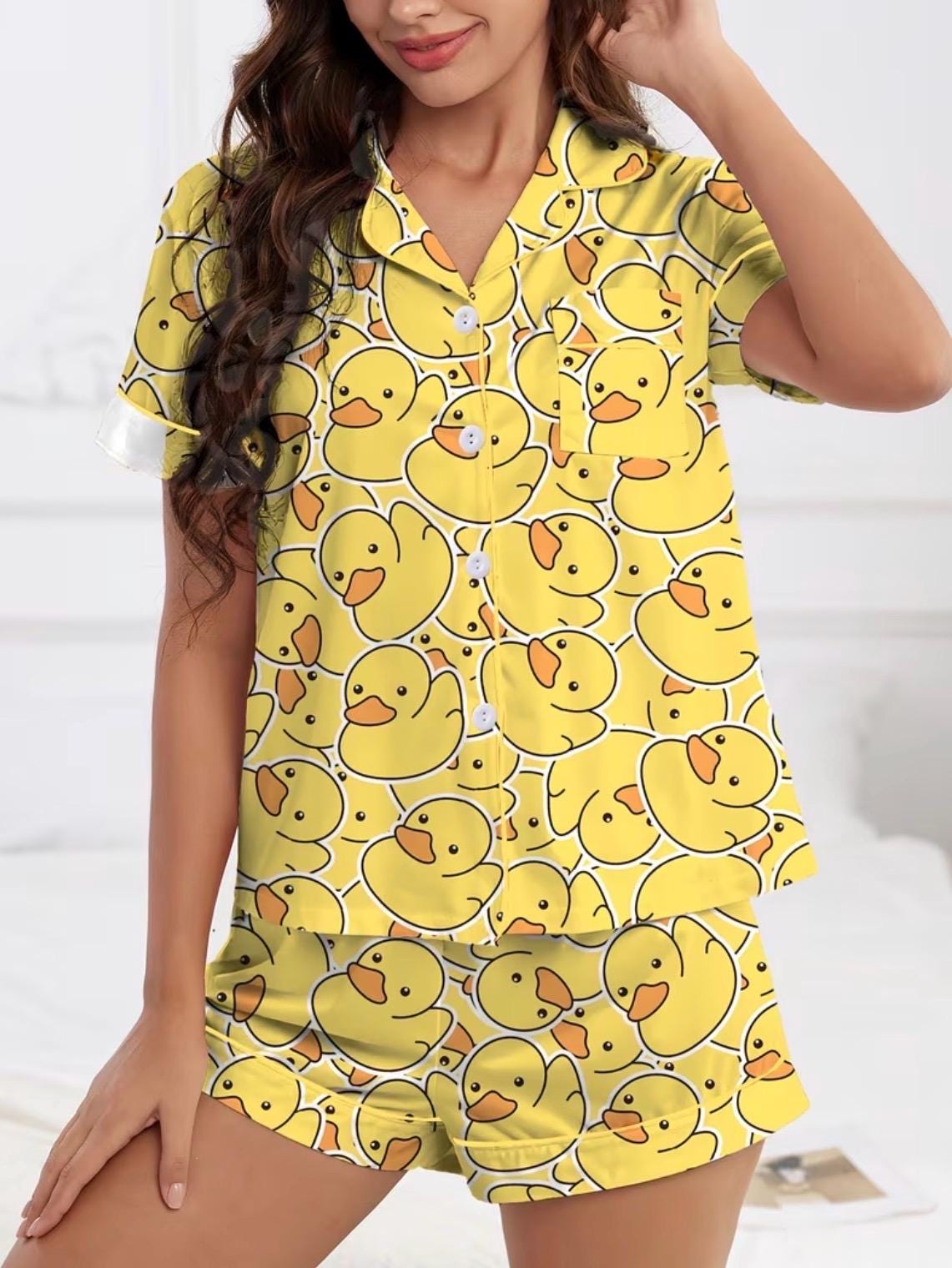 Yellow Duck Print Pajama Set, Women's Short Sleeve Button-Up Sleepwear