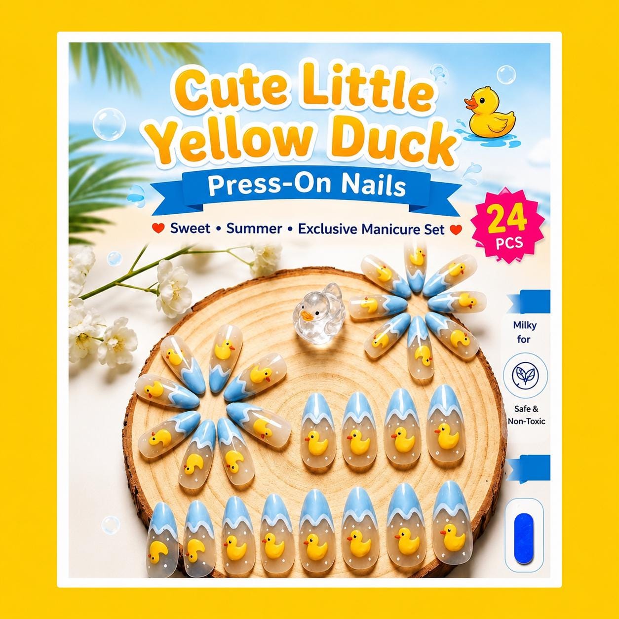 Yellow Duck Press-On Nails – Medium Almond Shape, Milky Blue Wavy Summer Manicure
