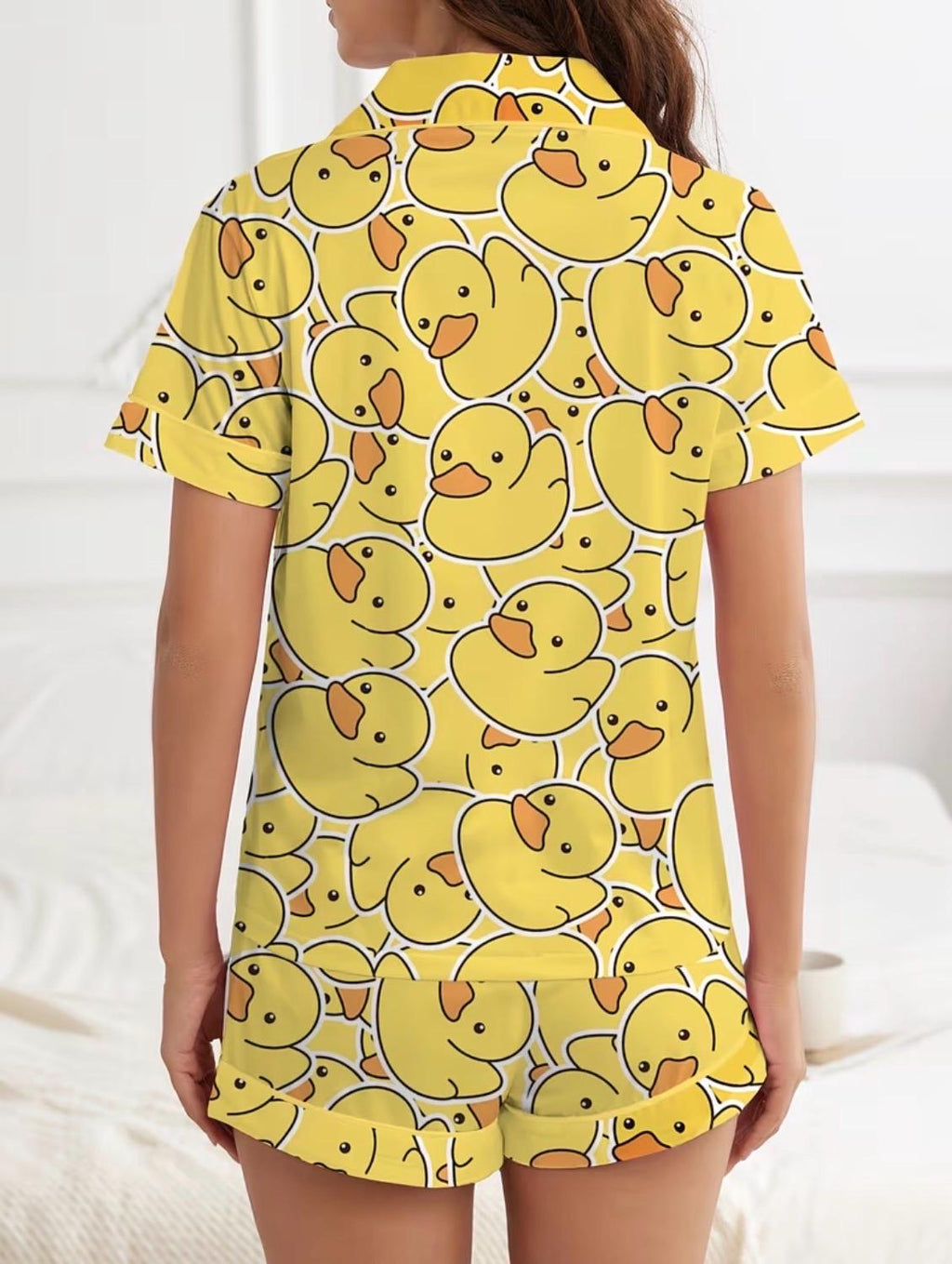 Yellow Duck Print Pajama Set, Women's Short Sleeve Button-Up Sleepwear