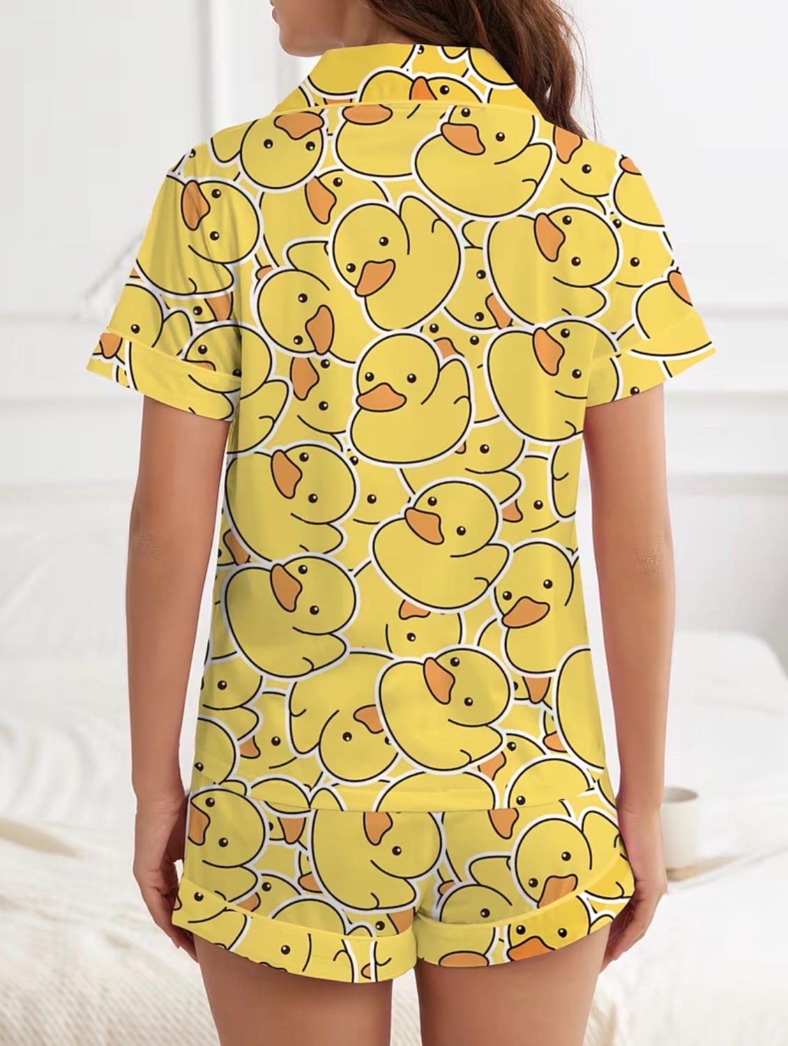 Yellow Duck Print Pajama Set, Women's Short Sleeve Button-Up Sleepwear