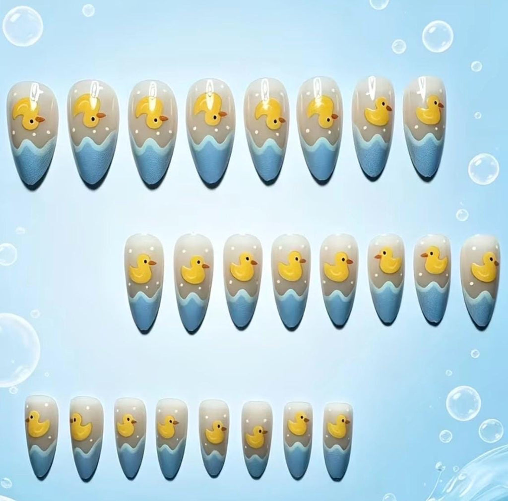 Yellow Duck Press-On Nails – Medium Almond Shape, Milky Blue Wavy Summer Manicure