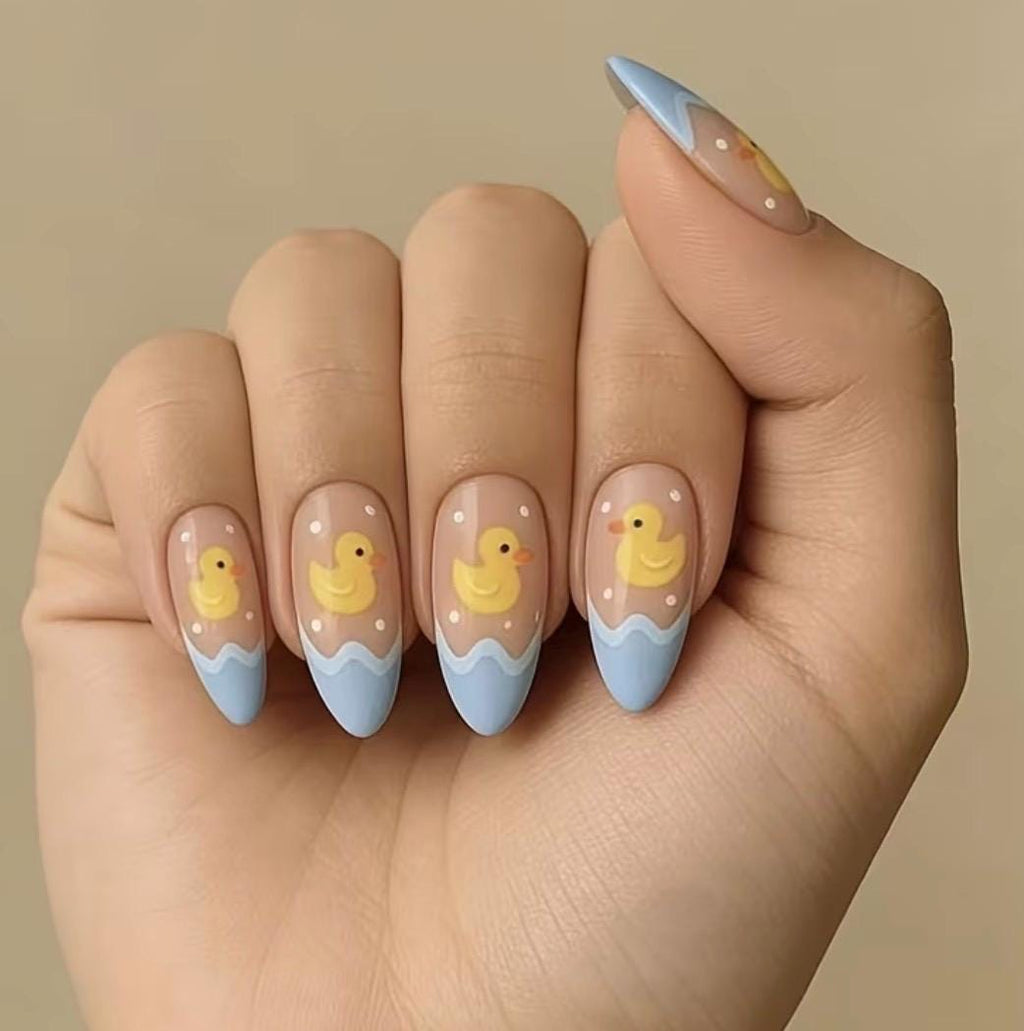 Yellow Duck Press-On Nails – Medium Almond Shape, Milky Blue Wavy Summer Manicure