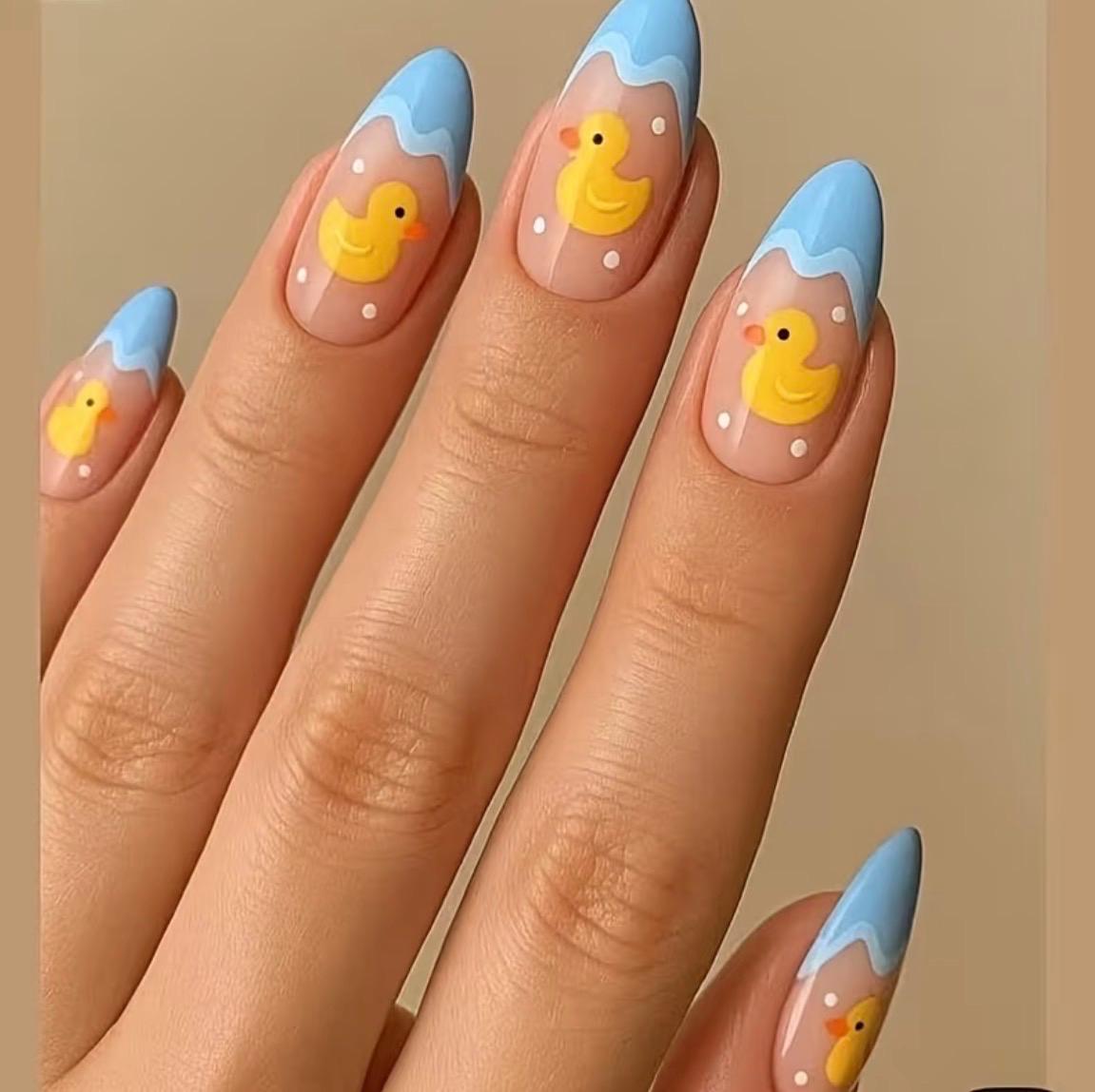 Yellow Duck Press-On Nails – Medium Almond Shape, Milky Blue Wavy Summer Manicure