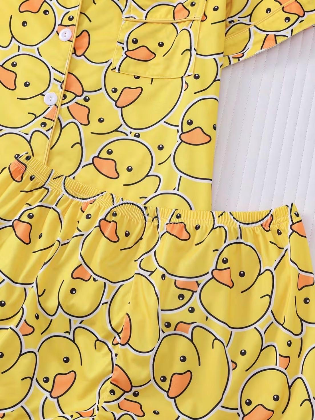 Yellow Duck Print Pajama Set, Women's Short Sleeve Button-Up Sleepwear