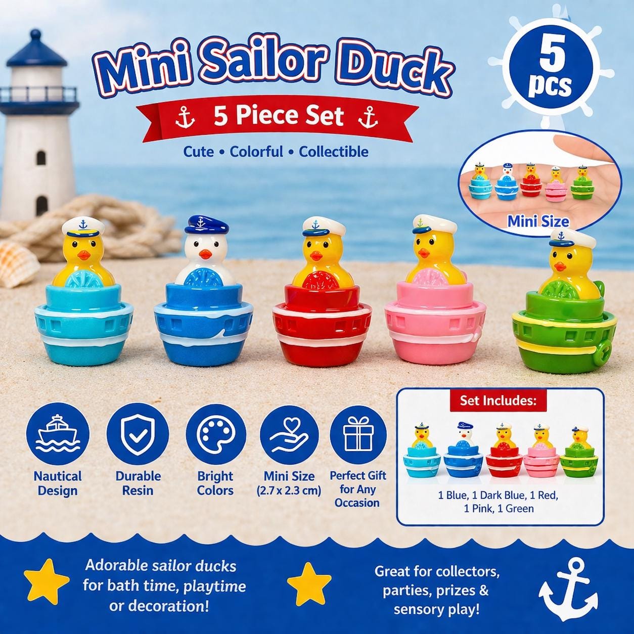 Mini Resin Sailor Duck Boat Set – 5 Piece Nautical Collectible Ducks