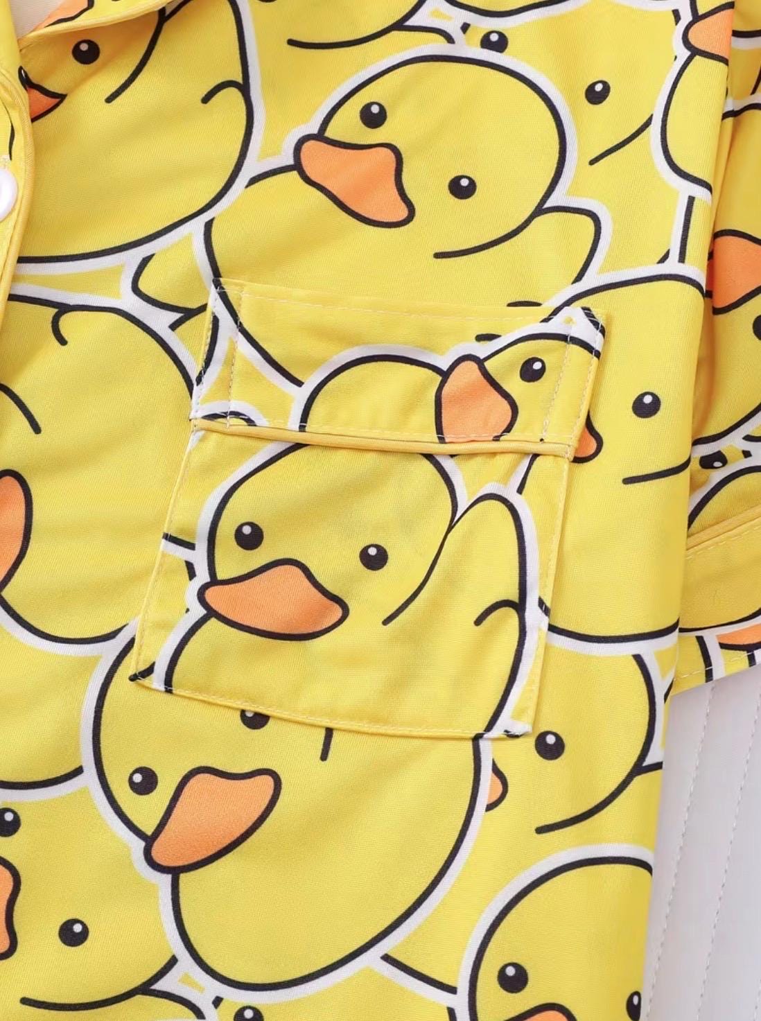 Yellow Duck Print Pajama Set, Women's Short Sleeve Button-Up Sleepwear