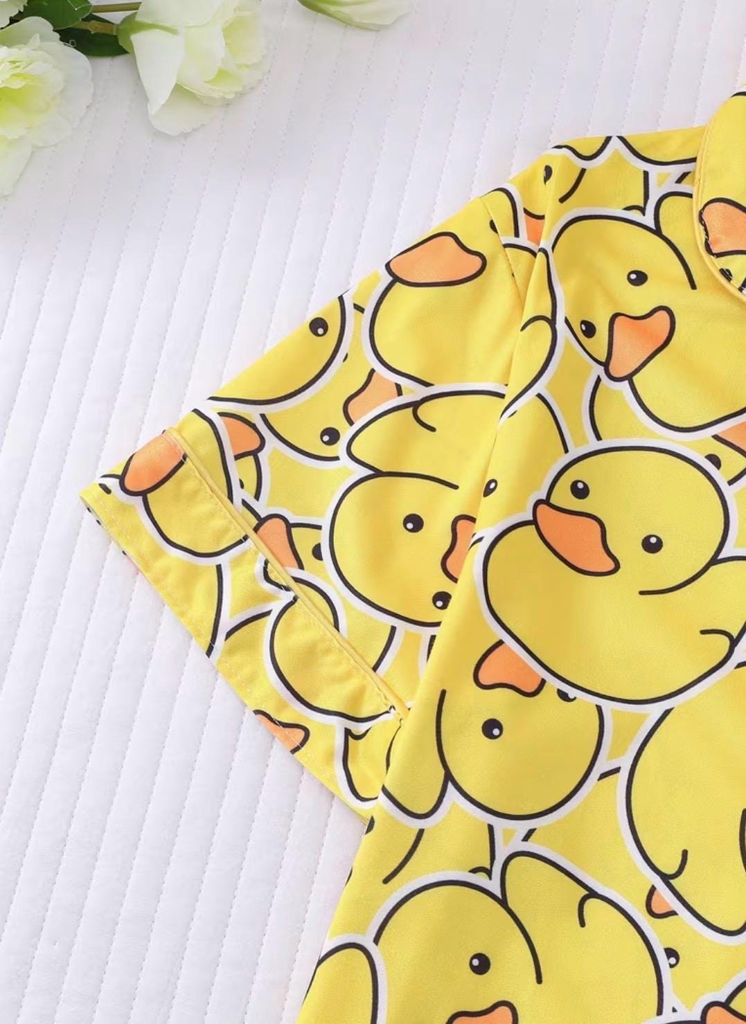 Yellow Duck Print Pajama Set, Women's Short Sleeve Button-Up Sleepwear