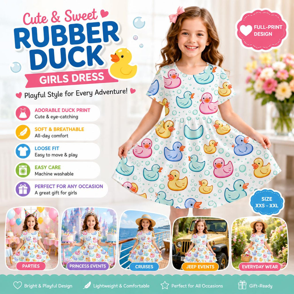 Girls Rubber Duck Print Twirl Dress – Colorful Cartoon Short Sleeve Playful Outfit