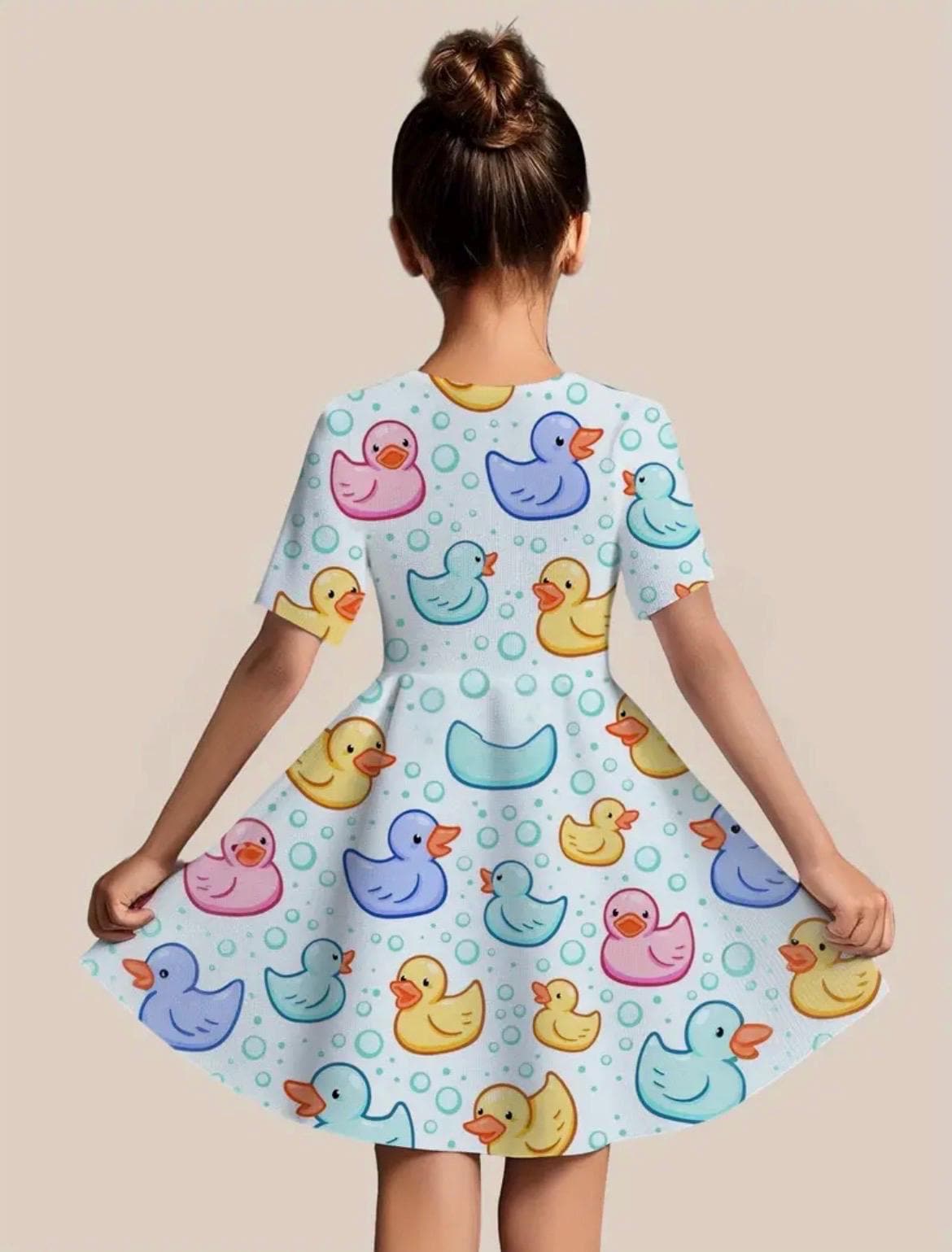 Girls Rubber Duck Print Twirl Dress – Colorful Cartoon Short Sleeve Playful Outfit