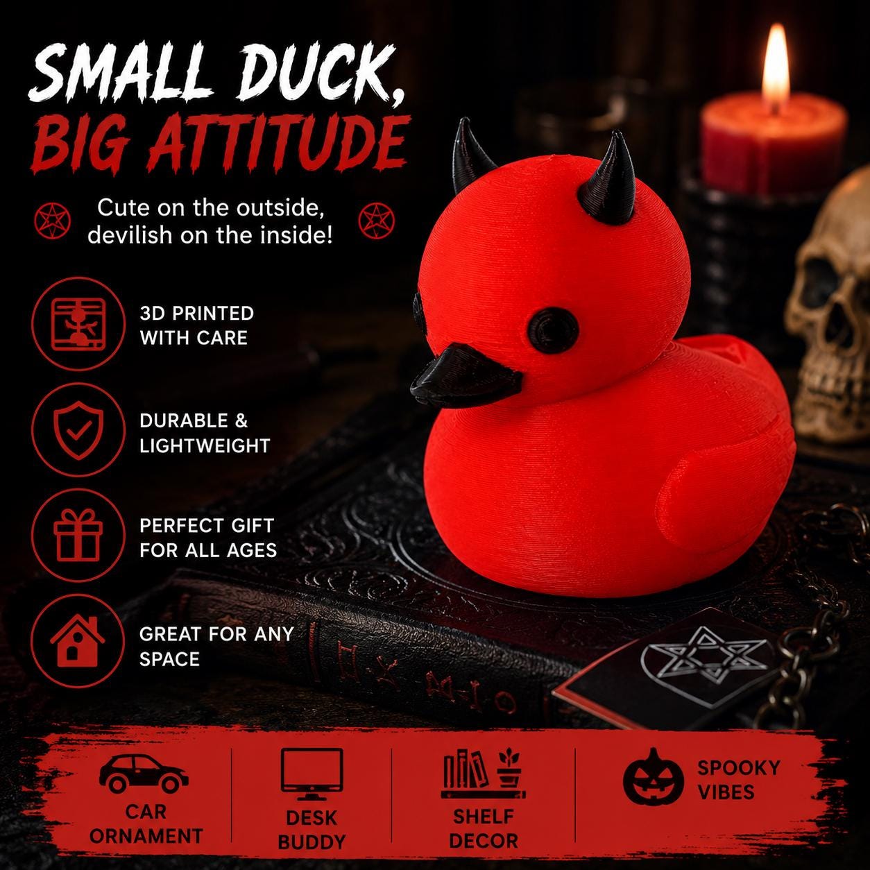 3D Printed - Red Devil Duck Figurine – 3D Printed Gothic Desk Decor, Dark Car Ornament