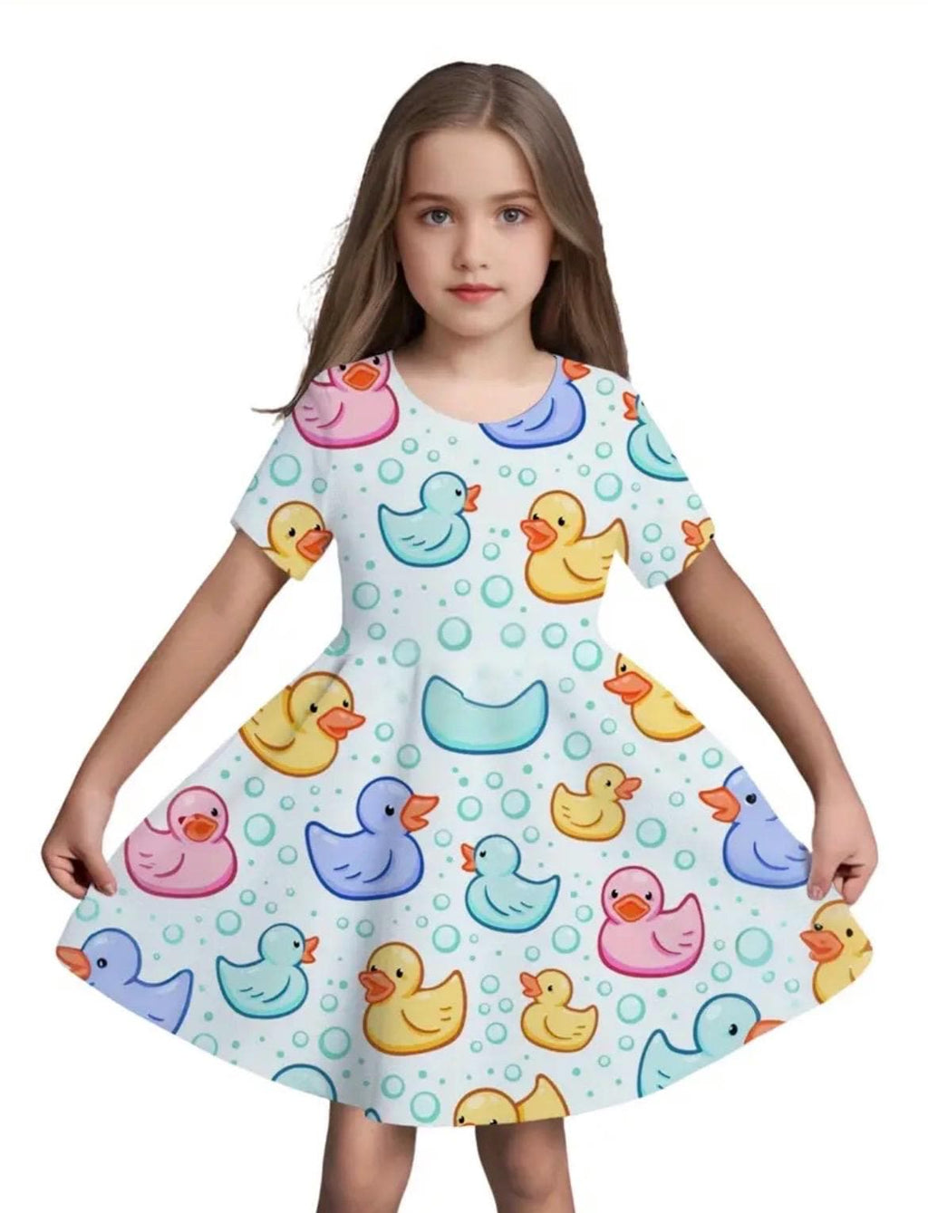 Girls Rubber Duck Print Twirl Dress – Colorful Cartoon Short Sleeve Playful Outfit