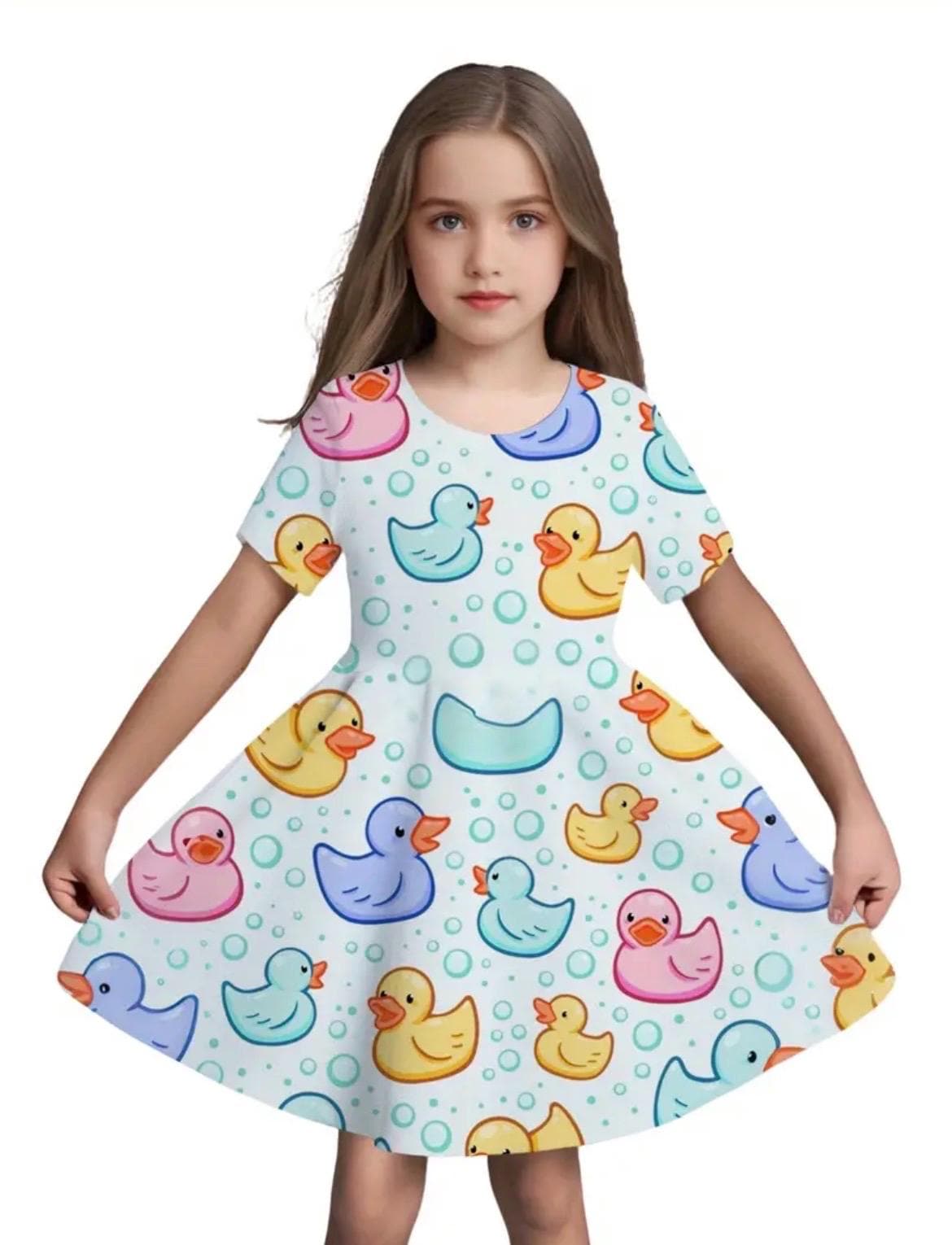 Girls Rubber Duck Print Twirl Dress – Colorful Cartoon Short Sleeve Playful Outfit