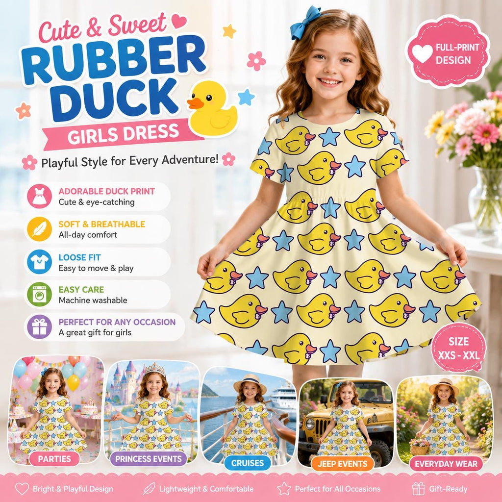 Girls Rubber Duck Dress – Cartoon Yellow Duck Star Print Twirl