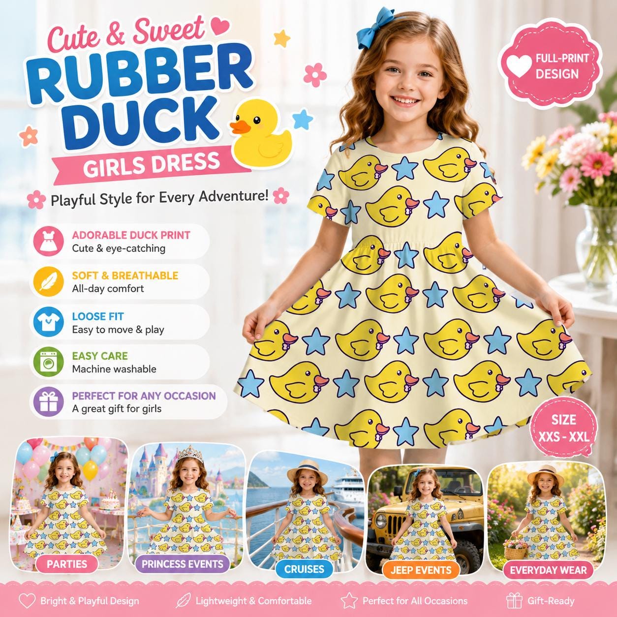 Girls Rubber Duck Dress – Cartoon Yellow Duck Star Print Twirl