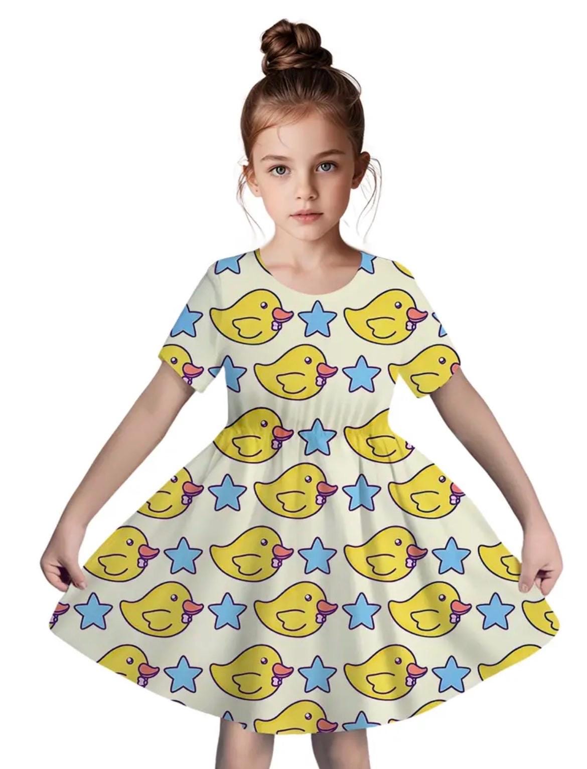 Girls Rubber Duck Dress – Cartoon Yellow Duck Star Print Twirl