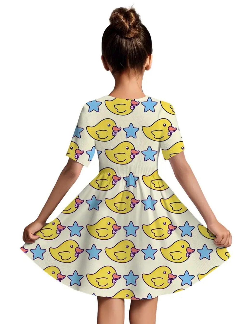 Girls Rubber Duck Dress – Cartoon Yellow Duck Star Print Twirl