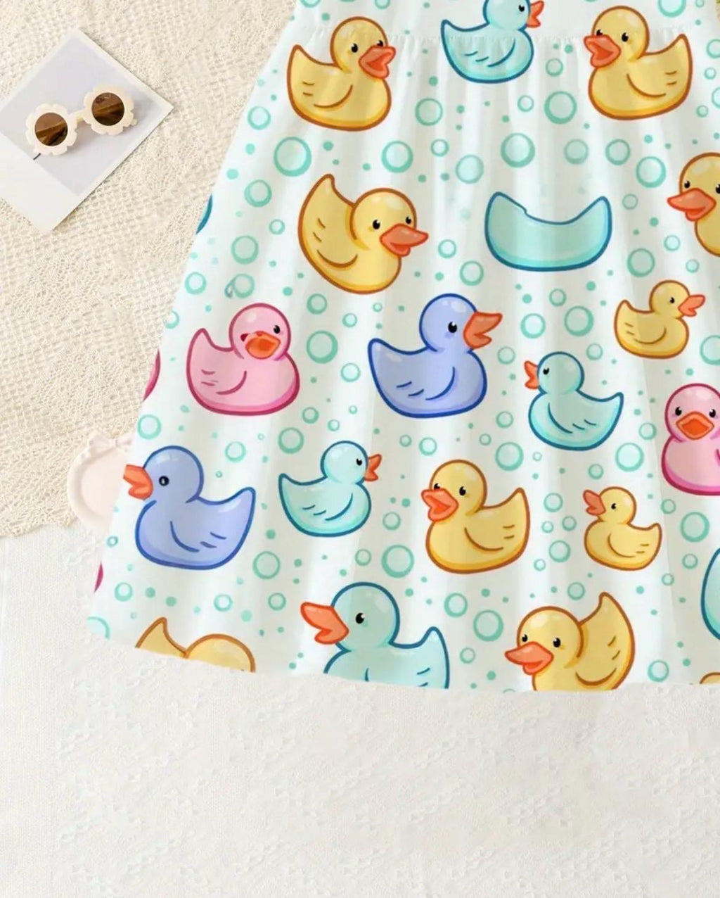 Girls Rubber Duck Print Twirl Dress – Colorful Cartoon Short Sleeve Playful Outfit