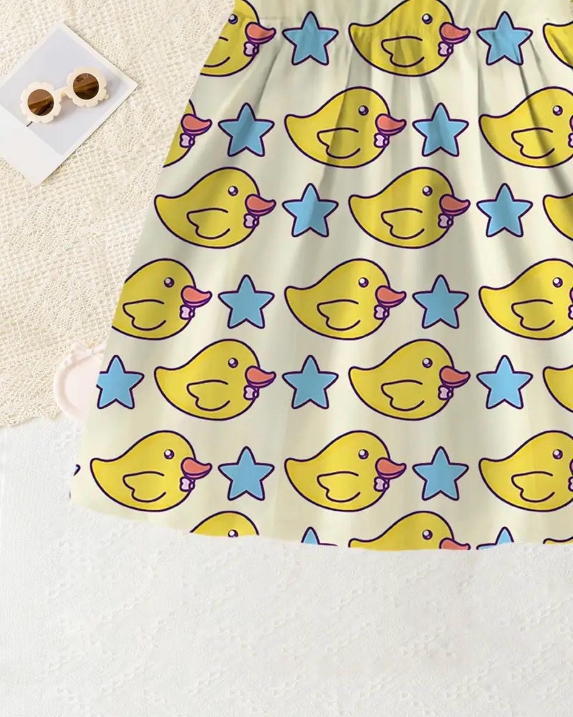 Girls Rubber Duck Dress – Cartoon Yellow Duck Star Print Twirl