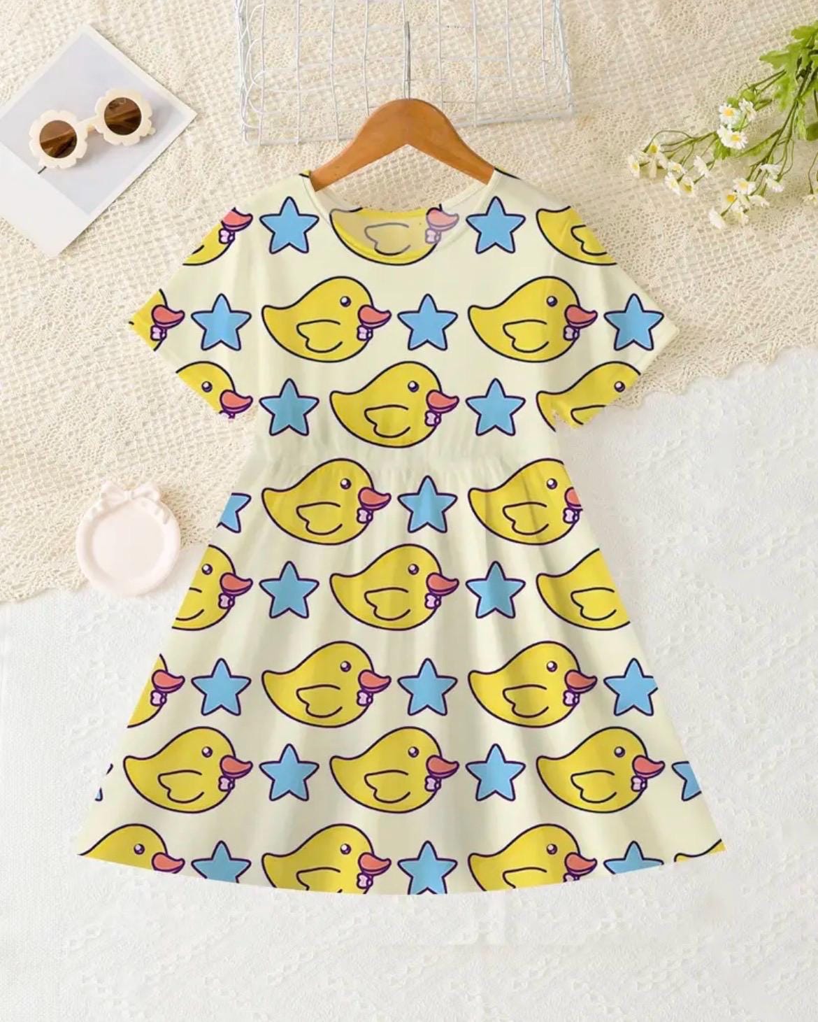 Girls Rubber Duck Dress – Cartoon Yellow Duck Star Print Twirl