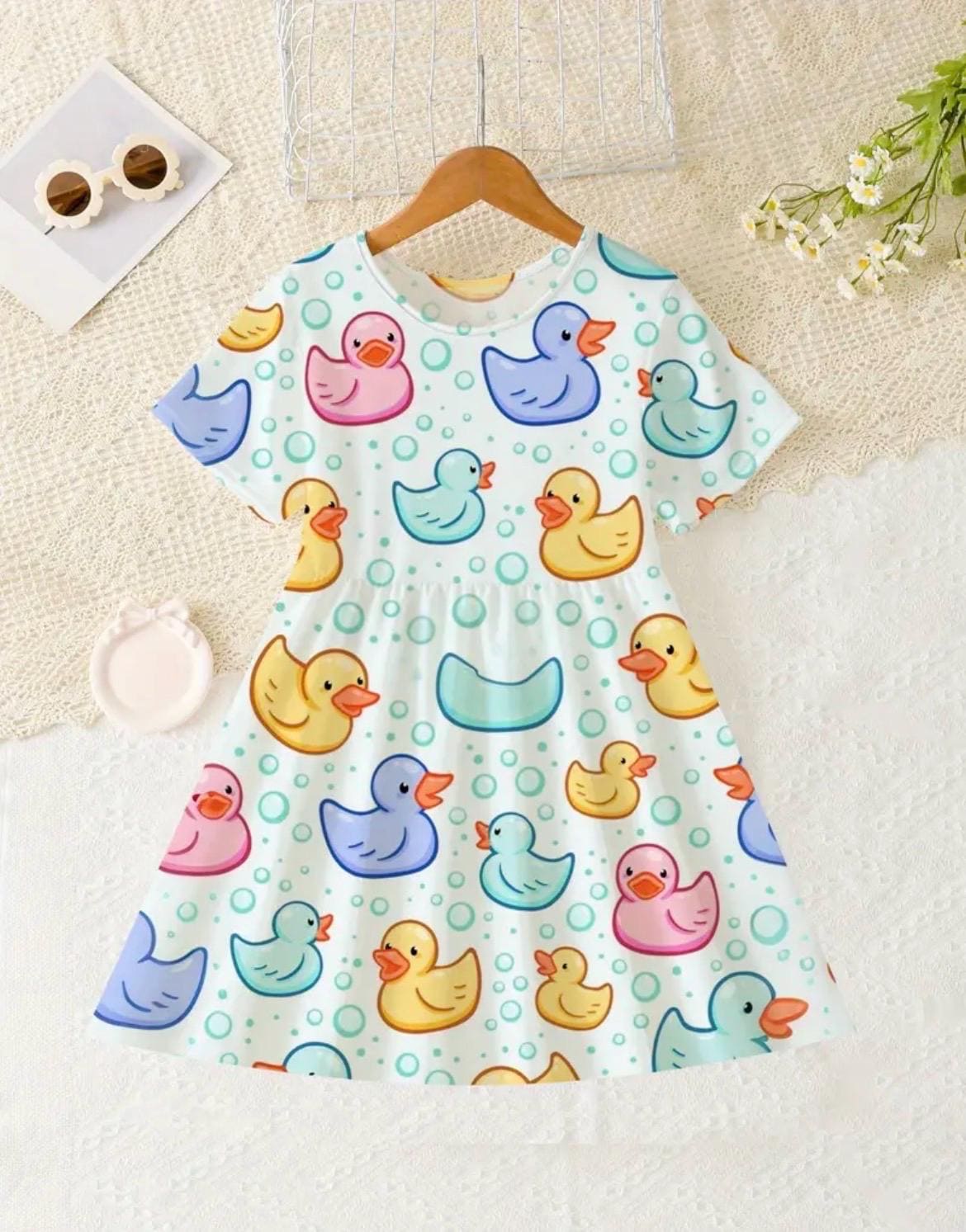 Girls Rubber Duck Print Twirl Dress – Colorful Cartoon Short Sleeve Playful Outfit