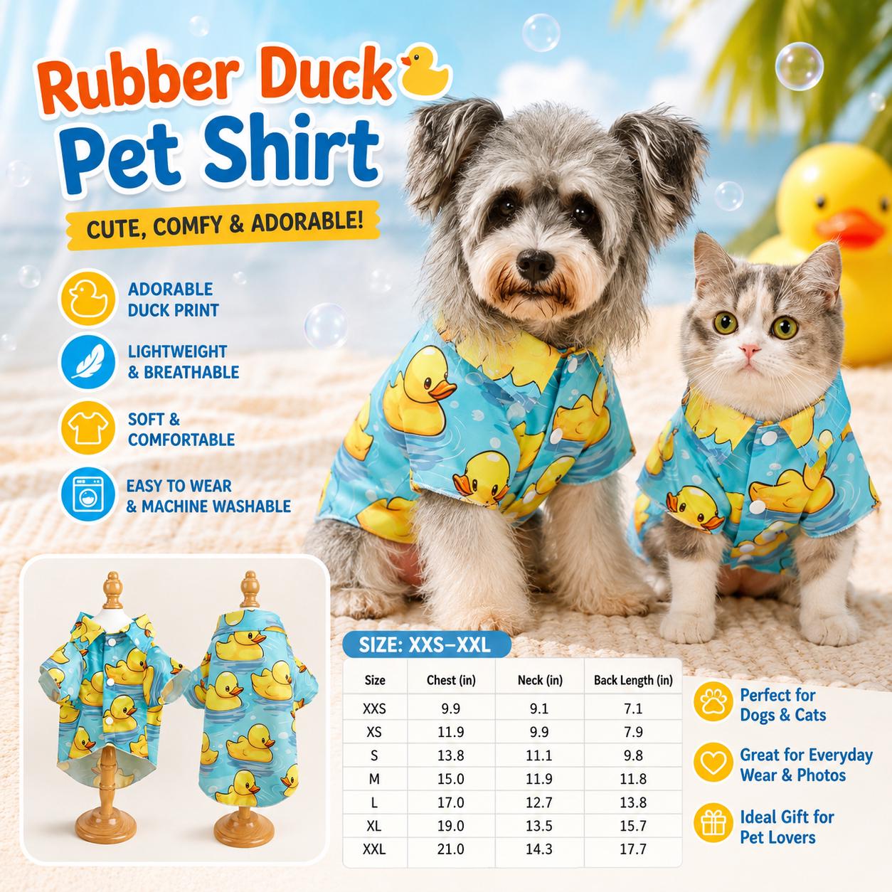 Rubber Duck Pet Shirt, Lightweight Dog Cat Summer Clothes, XXS-XXL