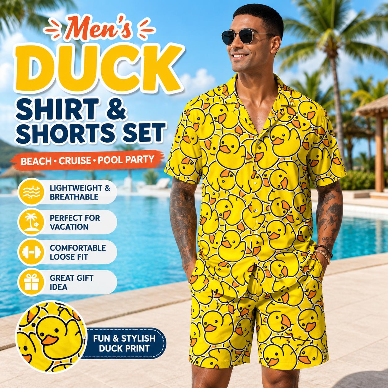 Men's Yellow Duck Print Shirt and Shorts Set, Summer Beach Vacation Outfit