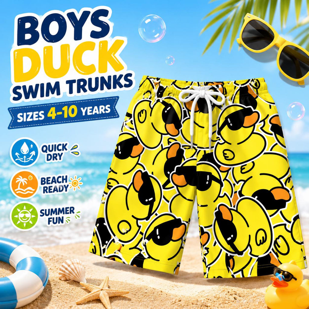 Boys Rubber Duck Sunglasses Swim Trunks, Quick Dry Beach Shorts (Ages 4-10)