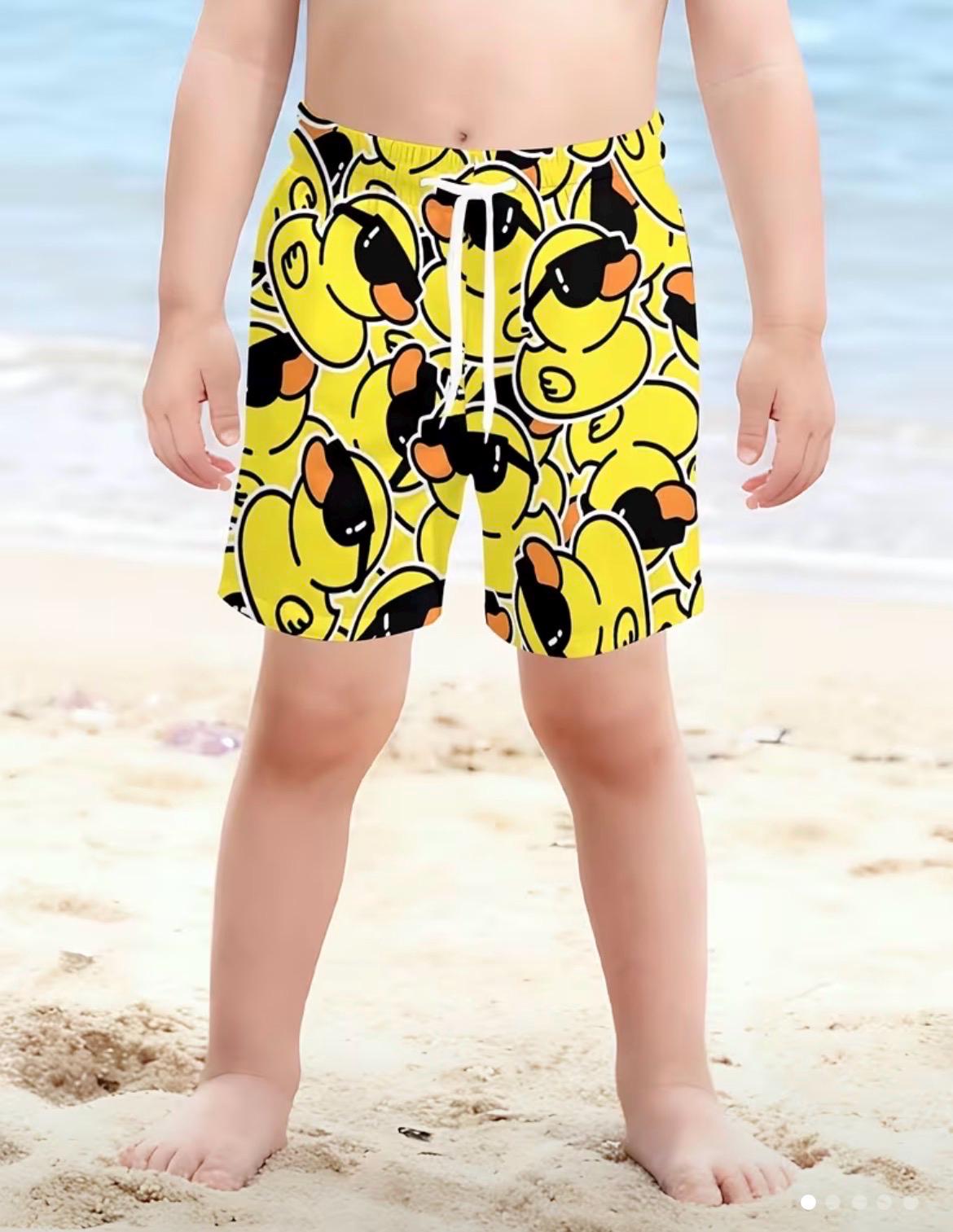 Boys Rubber Duck Sunglasses Swim Trunks, Quick Dry Beach Shorts (Ages 4-10)