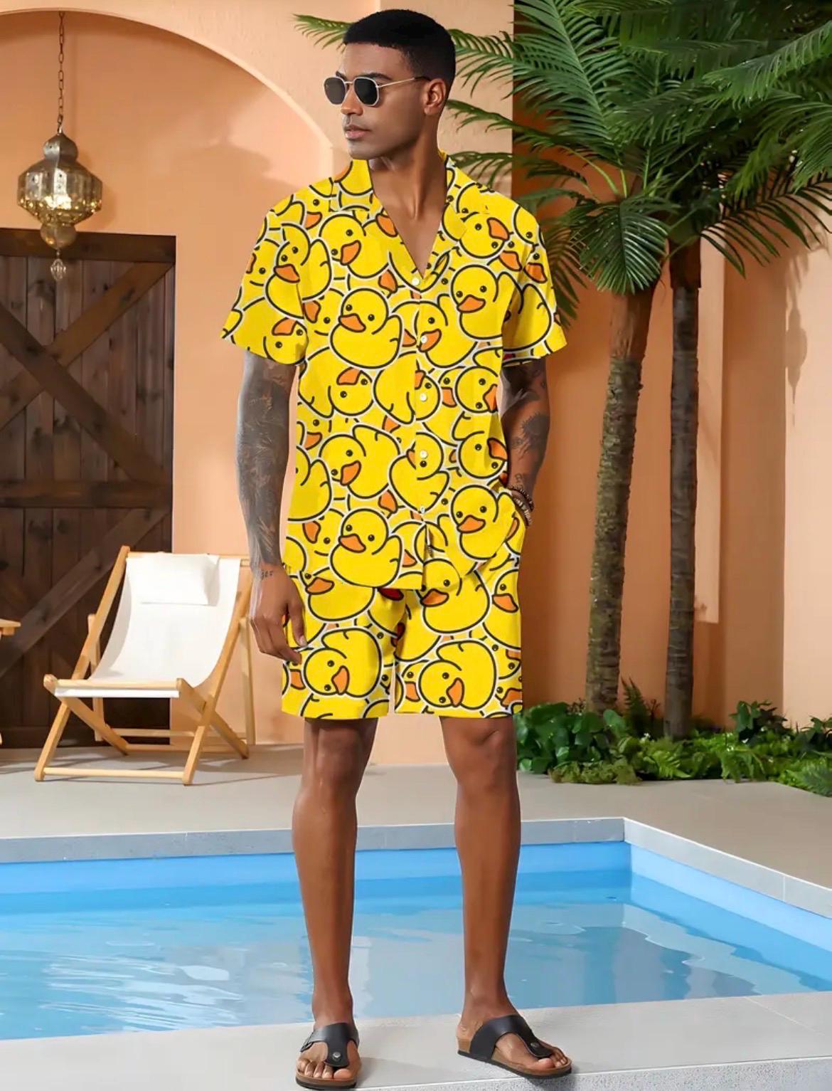 Men's Yellow Duck Print Shirt and Shorts Set, Summer Beach Vacation Outfit