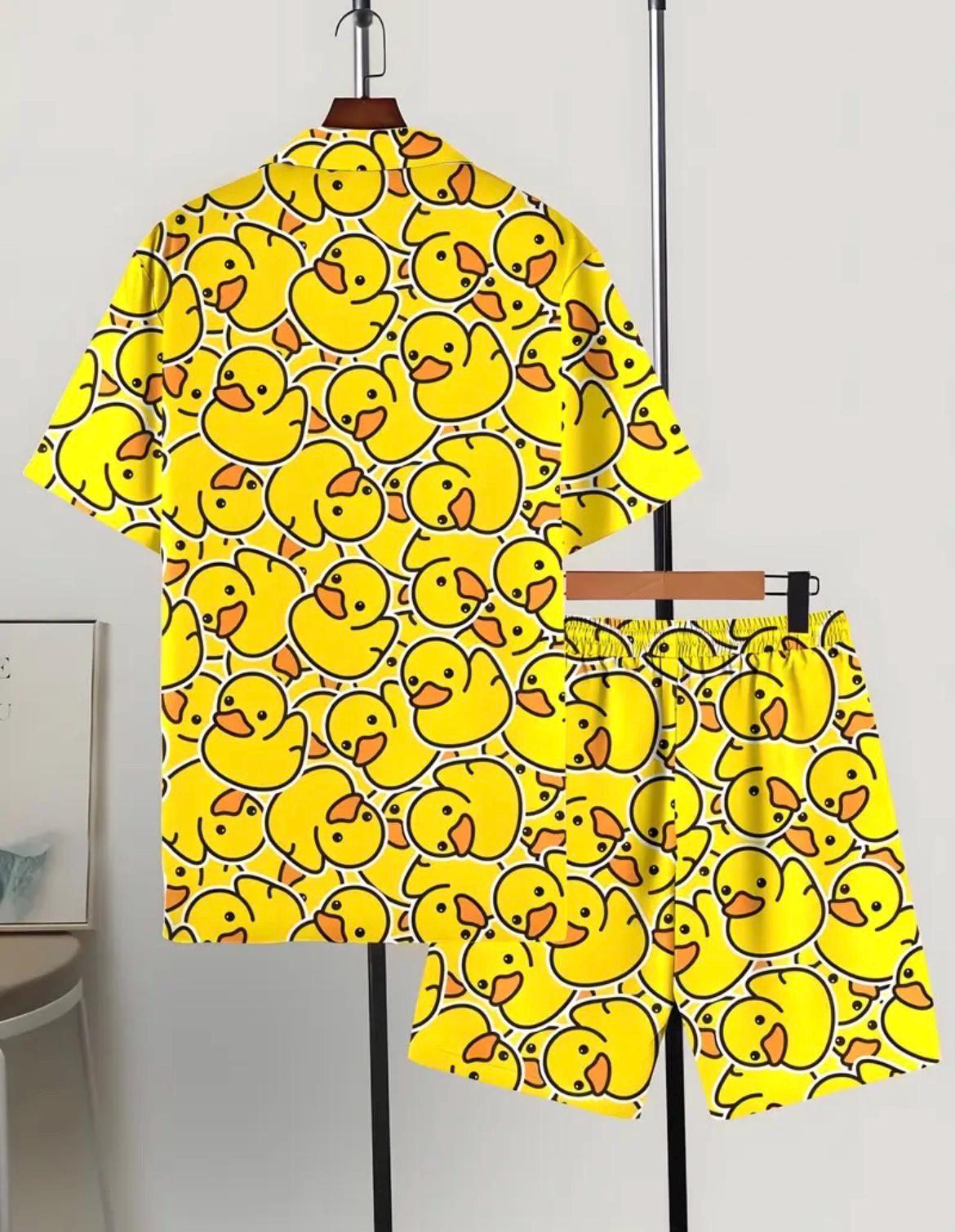 Men's Yellow Duck Print Shirt and Shorts Set, Summer Beach Vacation Outfit